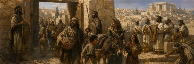 Families returning to Jerusalem as gatekeepers, priests, and Levites welcome them